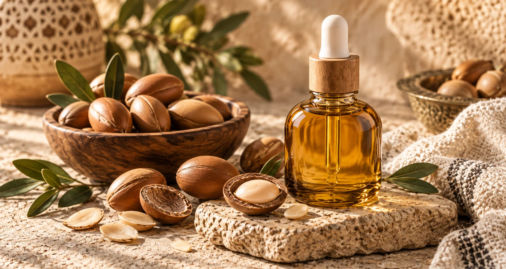 A glass bottle of argan oil with a wooden dropper cap placed on a stone slab, surrounded by argan nuts and leaves in a natural rustic setting.
